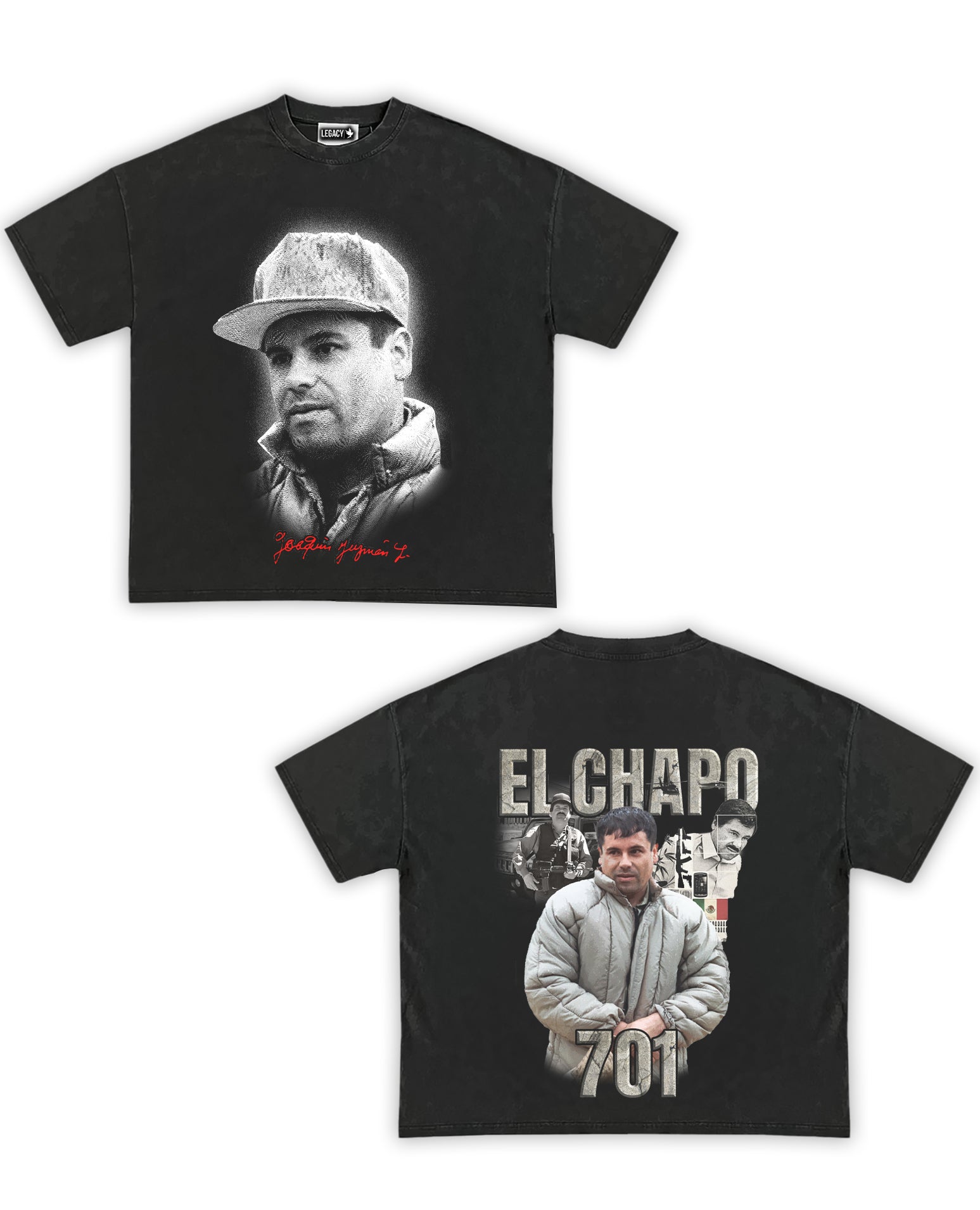 El Chapo Tribute Vintage Shirt: Front/Back (Vintage Black) – Legacy Art ...